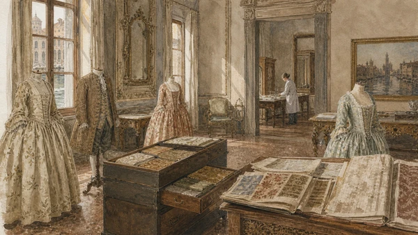 Original documentary watercolour of Palazzo Mocenigo rooms with conserved historic dress, textile samples and museum work