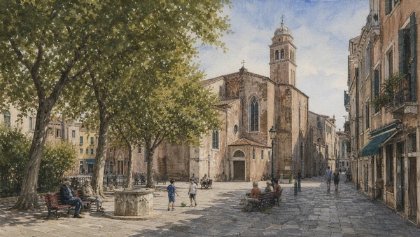 Original documentary watercolour of Campo San Giacomo dall'Orio with trees, residents, wellhead and irregular church exterior