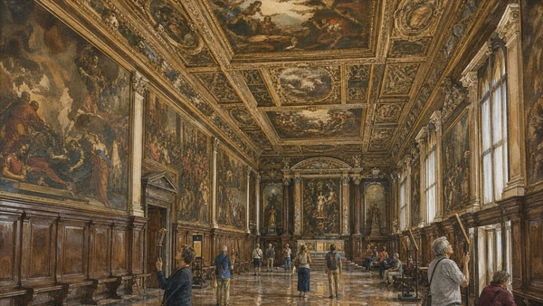 Original documentary watercolour of the upper hall of the Scuola Grande di San Rocco with paintings, ceiling and carved seating