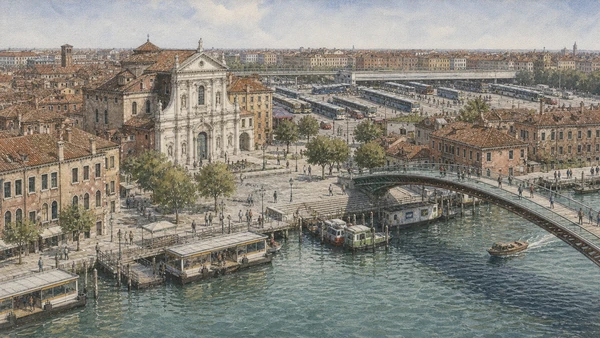 Original documentary watercolour of Piazzale Roma, Constitution Bridge, vaporetto landings and the Tolentini edge