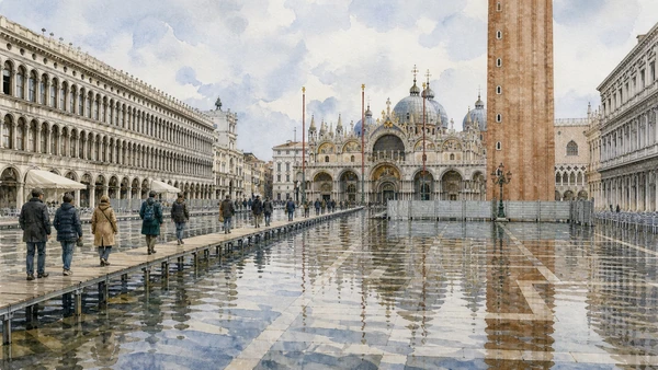 Original documentary watercolour of shallow acqua alta, raised walkways and protective barriers in Piazza San Marco