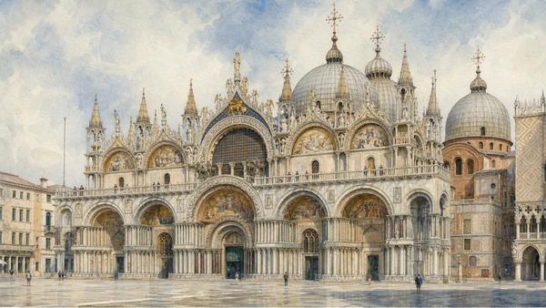 Original documentary watercolour of the layered marble, mosaic, portals and domes of the Basilica di San Marco façade