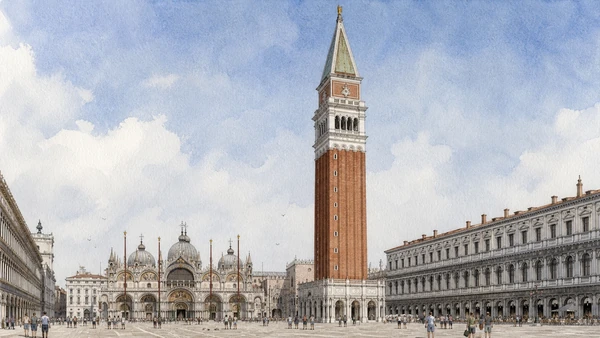 Original documentary watercolour of the reconstructed Campanile and Loggetta in Piazza San Marco