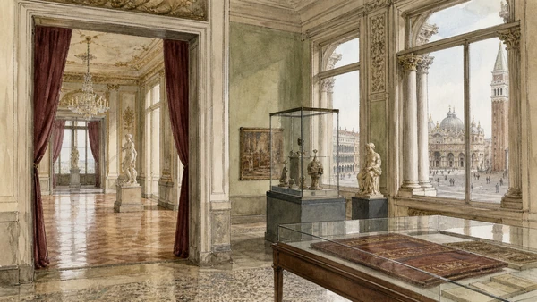 Original documentary watercolour of the Museo Correr's neoclassical rooms and views across Piazza San Marco