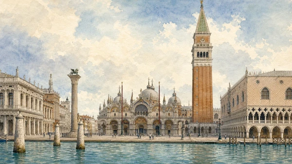 Documentary watercolour for St Mark's Square, Basilica and Campanile