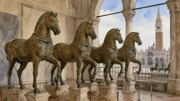 Original documentary watercolour of the four bronze horses in the Basilica museum with the loggia and square beyond