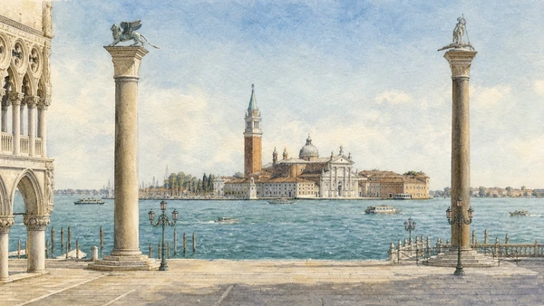 Original documentary watercolour of the San Marco and San Teodoro columns framing the basin and San Giorgio Maggiore