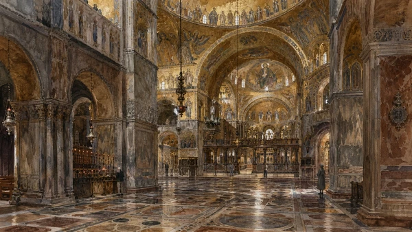 Original documentary watercolour of the marble floor, piers and gold mosaic vaults inside the Basilica di San Marco
