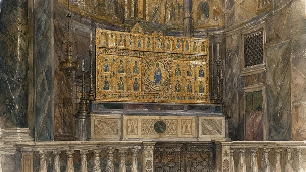 Original documentary watercolour of the Pala d'Oro within the marble sanctuary of the Basilica di San Marco