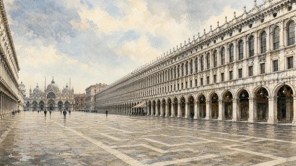 Original documentary watercolour of Piazza San Marco, its paving and the long Procuratie arcades