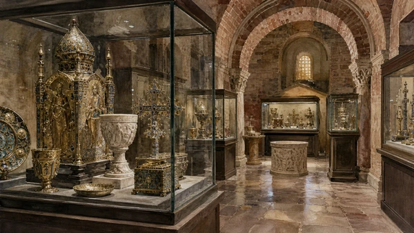 Original documentary watercolour of reliquaries, vessels and metalwork displayed in the Treasury of San Marco