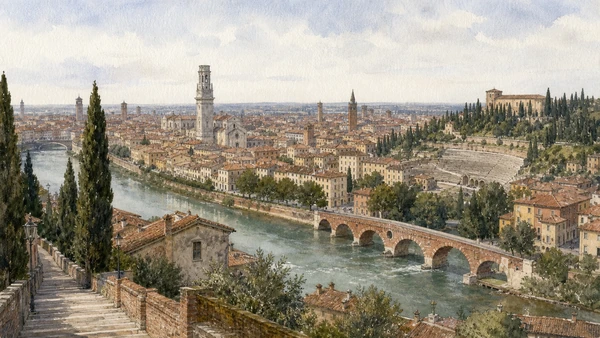Original documentary watercolour of Ponte Pietra, the Adige, Roman Theatre slope and Verona seen from Castel San Pietro