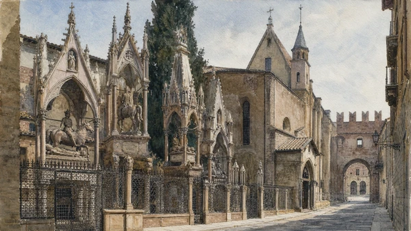 Original documentary watercolour of the Arche Scaligere, Santa Maria Antica and the narrow dynastic precinct