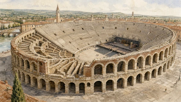 Original documentary watercolour of Verona Arena showing Roman arcades, seating and restrained modern stage infrastructure