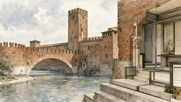 Original documentary watercolour of Castelvecchio joining the Scaliger fortress, bridge and Carlo Scarpa museum route
