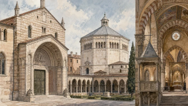 Original documentary watercolour of Verona Cathedral complex with portal, baptistery, cloister and nave