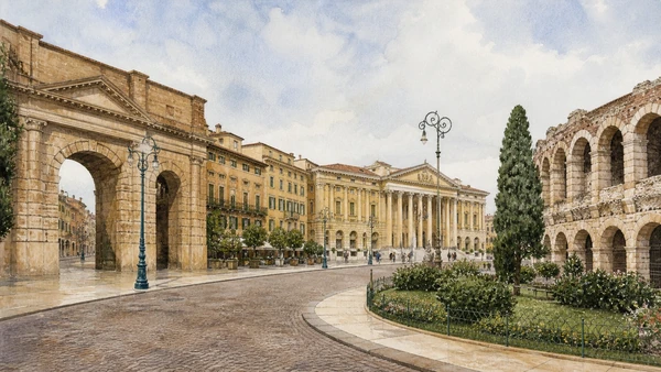 Original documentary watercolour of Piazza Bra, Portoni, Liston, Gran Guardia and the Arena as one civic space