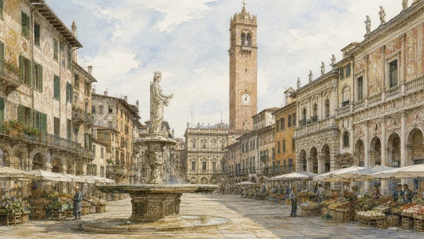 Original documentary watercolour of Verona Piazza delle Erbe with market, fountain, tower and painted façades