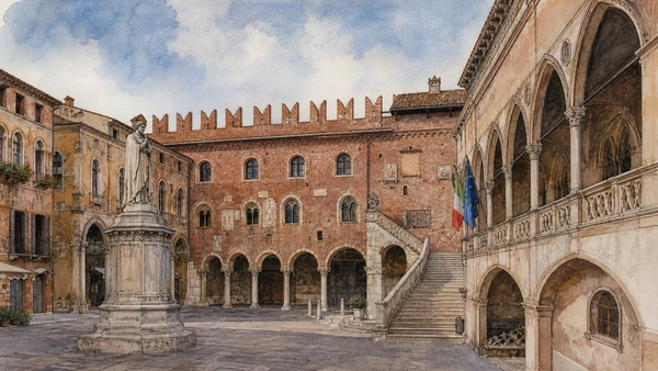 Original documentary watercolour of Piazza dei Signori with civic palaces, arches, loggia and Dante monument