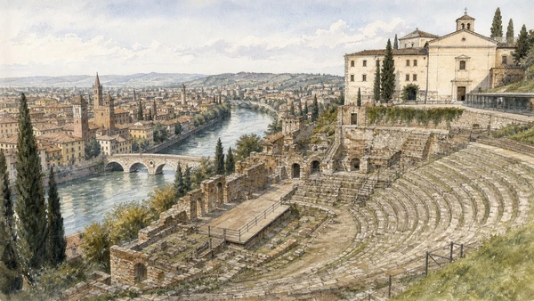 Original documentary watercolour of Verona Roman Theatre terraces, archaeological museum and Adige bank