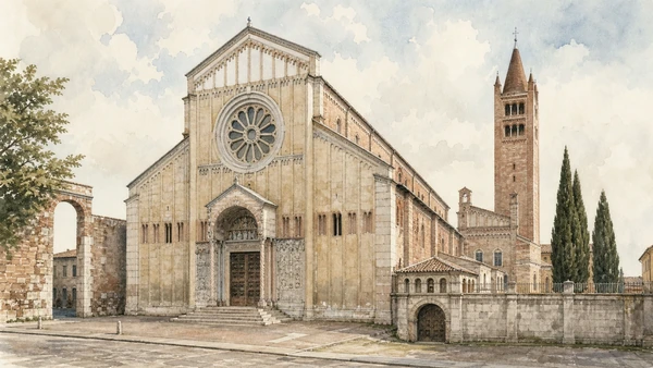 Original documentary watercolour of San Zeno façade, bronze doors and layered basilica interior