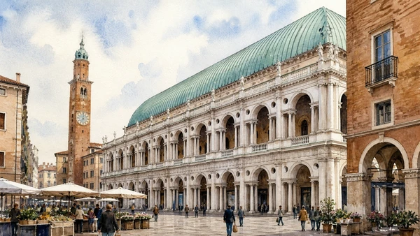 Original documentary watercolour of Basilica Palladiana, Piazza dei Signori and its active civic loggias