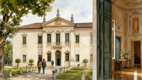 Original documentary watercolour of Villa Caldogno, fresco rooms and present municipal setting