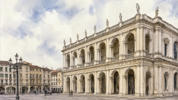 Original documentary watercolour of Palazzo Chiericati and its civic gallery loggias on Piazza Matteotti