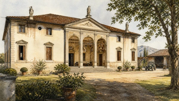 Original documentary watercolour of Villa Godi with recessed loggia, court, fresco rooms and agricultural setting