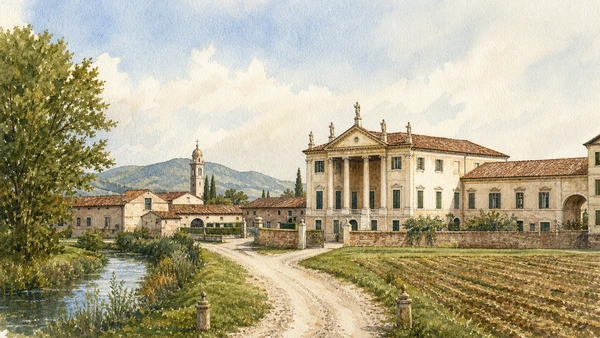 Original documentary watercolour map-like landscape of Palladian villas connected by farms, roads, barchesse and Veneto towns