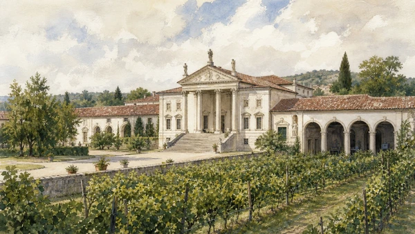 Original documentary watercolour of Villa Barbaro at Maser with barchesse, vineyards and Veronese frescoed rooms