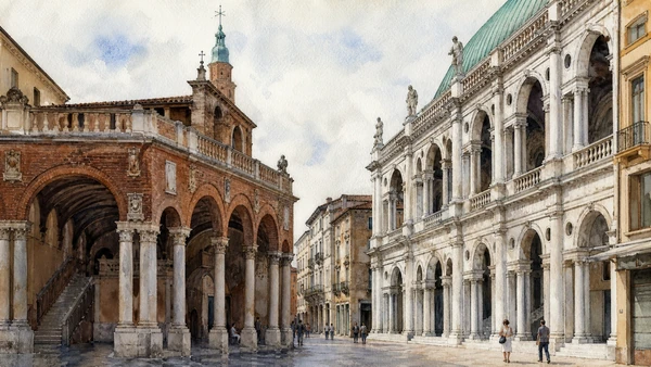 Original documentary watercolour of Loggia del Capitaniato and Palladian palace façades within Vicenza's narrow streets