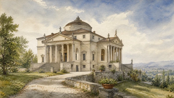 Original documentary watercolour of La Rotonda showing four-front symmetry, hill setting and surrounding cultivated land