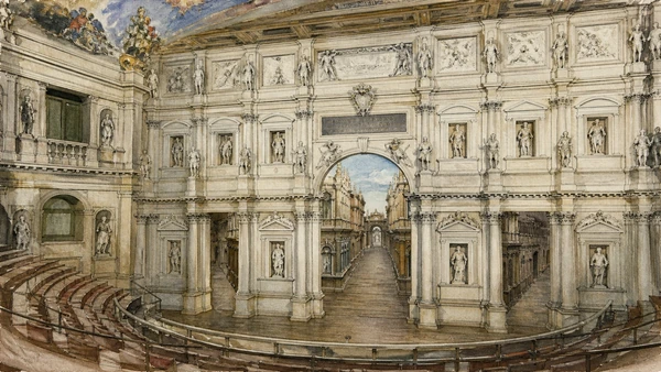 Original documentary watercolour of Teatro Olimpico auditorium, proscenium and fixed perspective streets