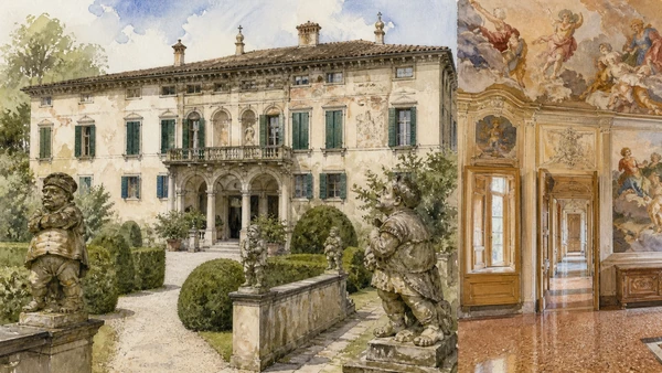 Original documentary watercolour of Villa Valmarana ai Nani, garden statues and Tiepolo fresco rooms