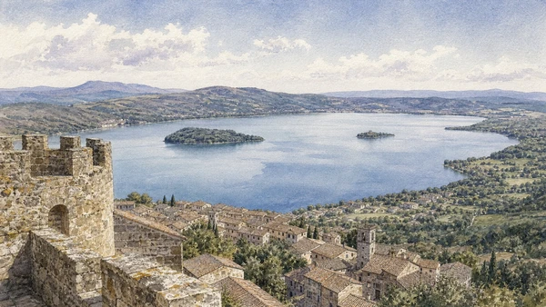 Original documentary watercolour from Bolsena's Rocca Monaldeschi across the volcanic lake toward Bisentina and Martana islands