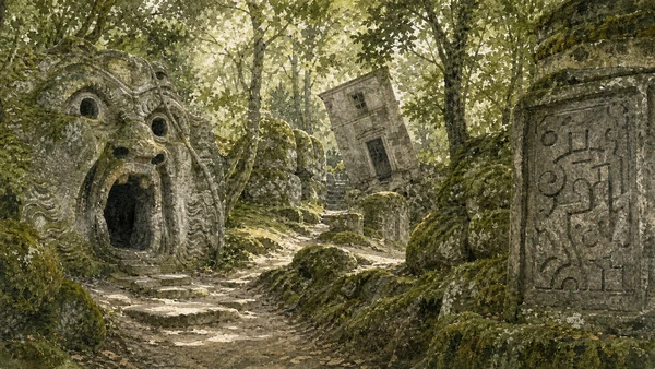 Original documentary watercolour of Bomarzo's wooded slope with peperino sculptures, an enigmatic inscription and the leaning house