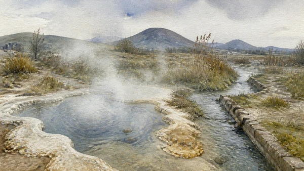Original documentary watercolour of the Bullicame spring landscape with steaming water, pale mineral deposits and modest channels outside Viterbo