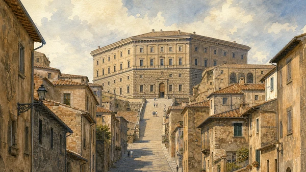 Original documentary watercolour from Caprarola's rising urban axis toward the pentagonal Palazzo Farnese and its ceremonial forecourt