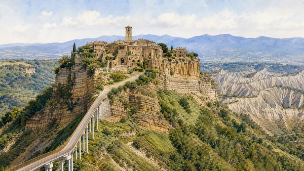 Original documentary watercolour of Civita di Bagnoregio on its tufa crown, the pedestrian bridge and eroded clay calanchi below