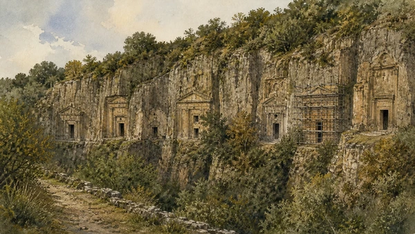 Original documentary watercolour of Norchia's temple-like rock tomb façades cut into a vegetated tufa cliff, seen from a respectful distant route