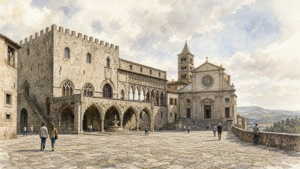 Original documentary watercolour of Piazza San Lorenzo with Viterbo Cathedral, the fortified Palazzo dei Papi and its open Gothic loggia