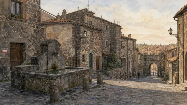 Original documentary watercolour of Pianoscarano's stone fountain, descending streets, city gate and discreet Via Francigena waymark