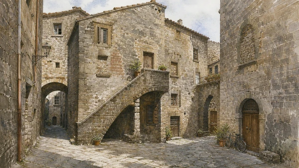 Original documentary watercolour of San Pellegrino's narrow stone street with profferlo stairs, arches and inhabited medieval houses