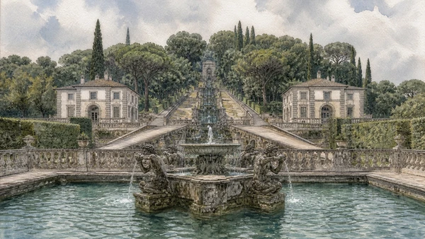 Original documentary watercolour looking up Villa Lante's terraces from the Fountain of the Moors toward the water chain and wooded slope